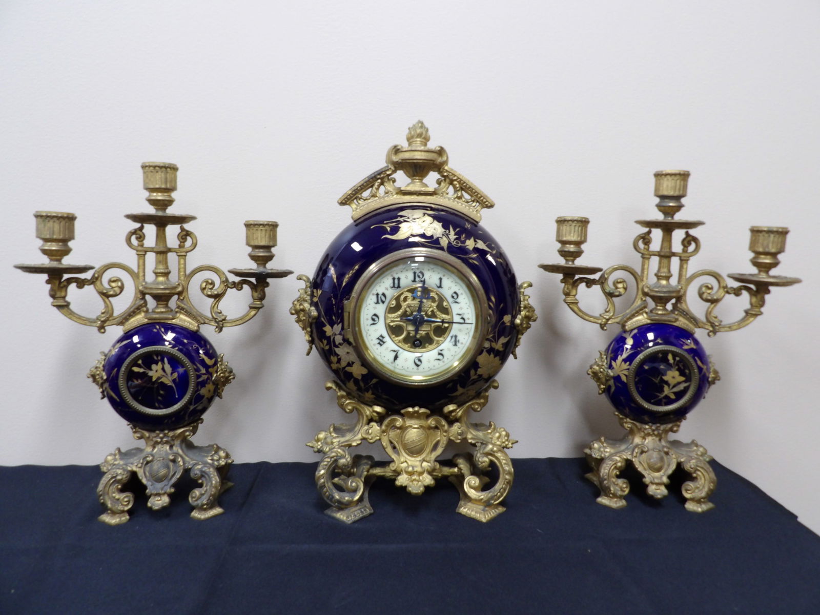 Lot of 3 antique cobalt blue porcelain candle holders and clock set gold gilt (1 of 8)