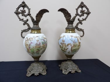 A pair of hand painted Wave Crest glass brass mantel ewers or tall urns circa 1900's