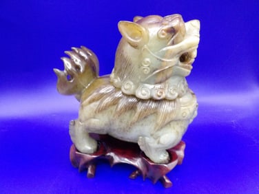 very fine antique Chinese nephrite jade carved foo dog incense burner with wooden base