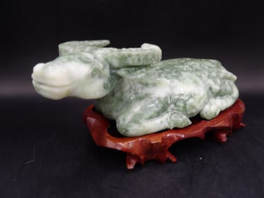 Chinese jade carved reclining water buffalo on custom wood base