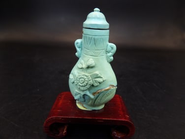 antique fine carved Chinese turquoise snuff bottle adhered to wooden base
