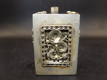 antique Chinese dragon phoenix frog motif metal snuff bottle
