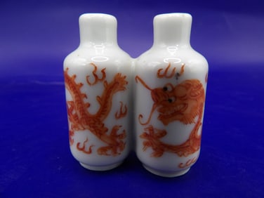 19th century Chinese copper red hand painted double dragon snuff bottle