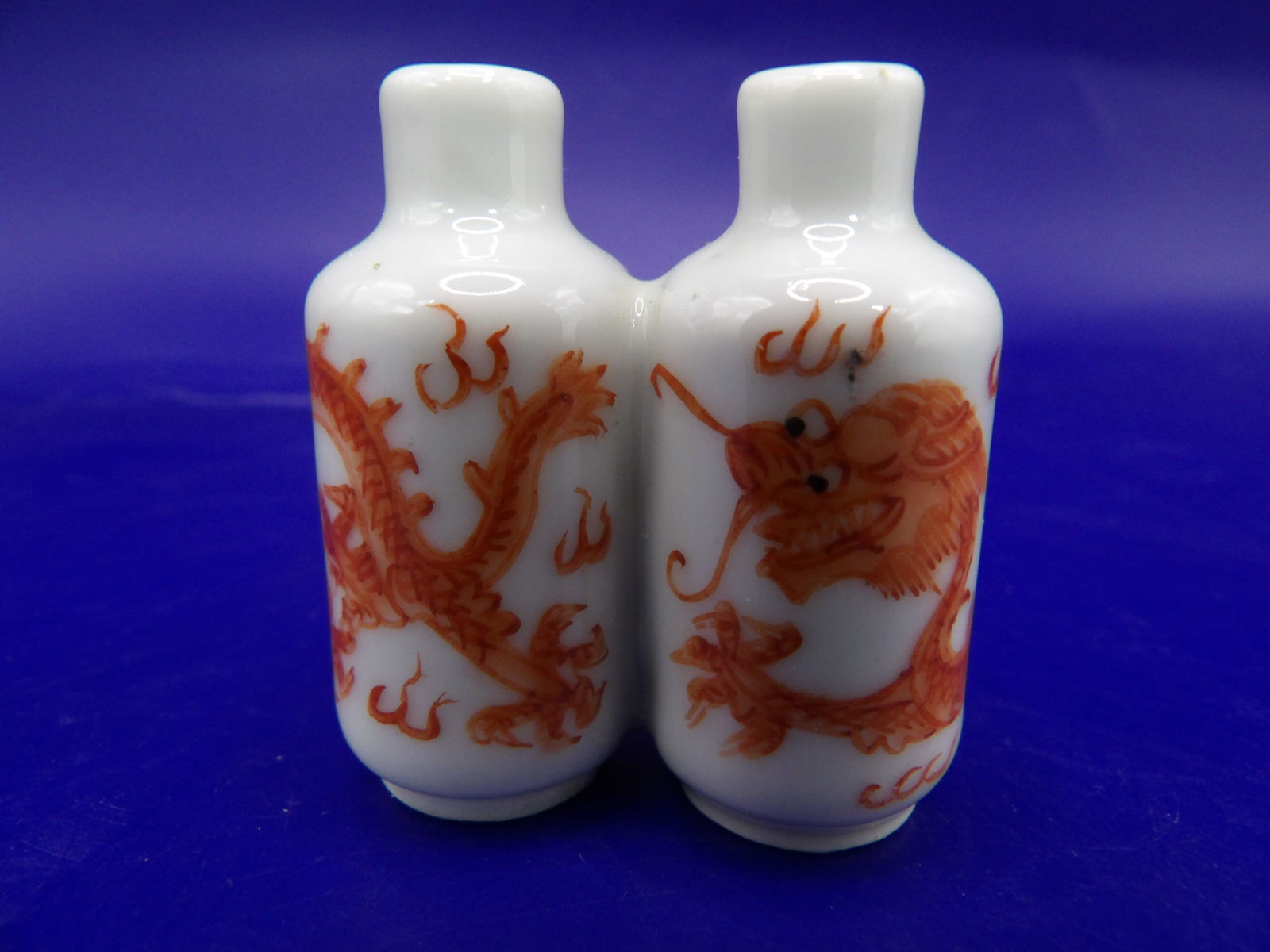 19th century Chinese copper red hand painted double dragon snuff bottle (1 of 6)