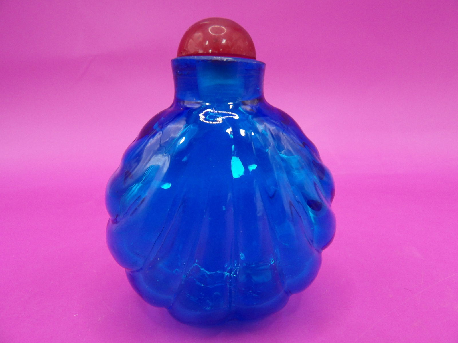 Chinese cobalt blue ribbed glass snuff bottle: 2.5 inches height.