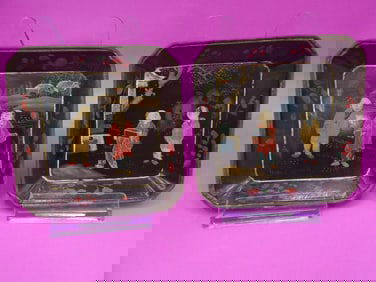 antique Chinese or Japanese black lacquer trays with polychrome painted children scenes