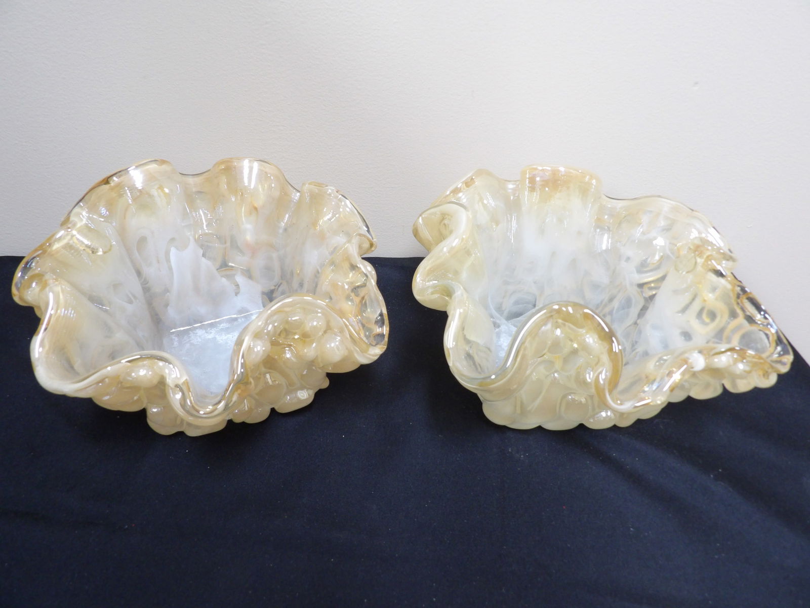 pair of Murano opalescent glass bowls with ruffled edges Italian: With Murano made in Italy sticker. 8.5 inches length. Total weight is approx 9 lbs.