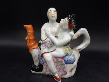 Chinese molded porcelain famille rose erotic teapot or vessel