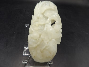 Chinese jade carved birds and flower motif large pendant