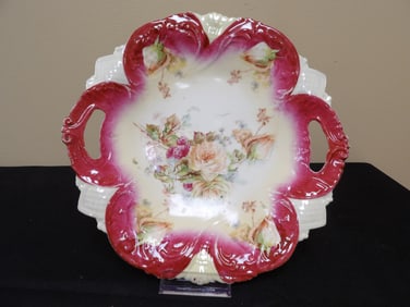 antique Bavaria porcelain cake plate with handles and hand painted rose signed