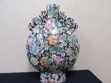 Chinese famille Noir Millefleur porcelain moon vase with handles signed vibrant colors