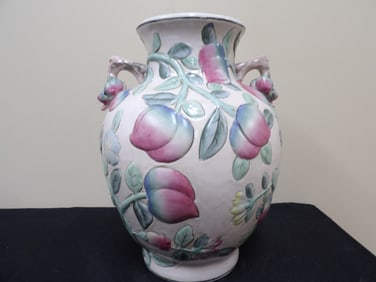Chinese peach porcelain vase with peach handles and Qing dynasty Qianlong mark