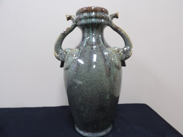 Asian mottled teal glazed ceramic vase with elephant head handles