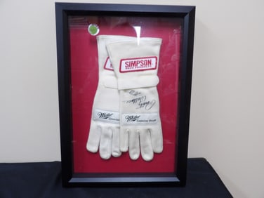 Rusty Wallace signed framed Simpson racing gloves with Miller branding