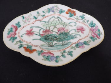 antique Chinese porcelain footed plate with floral and bat motifs