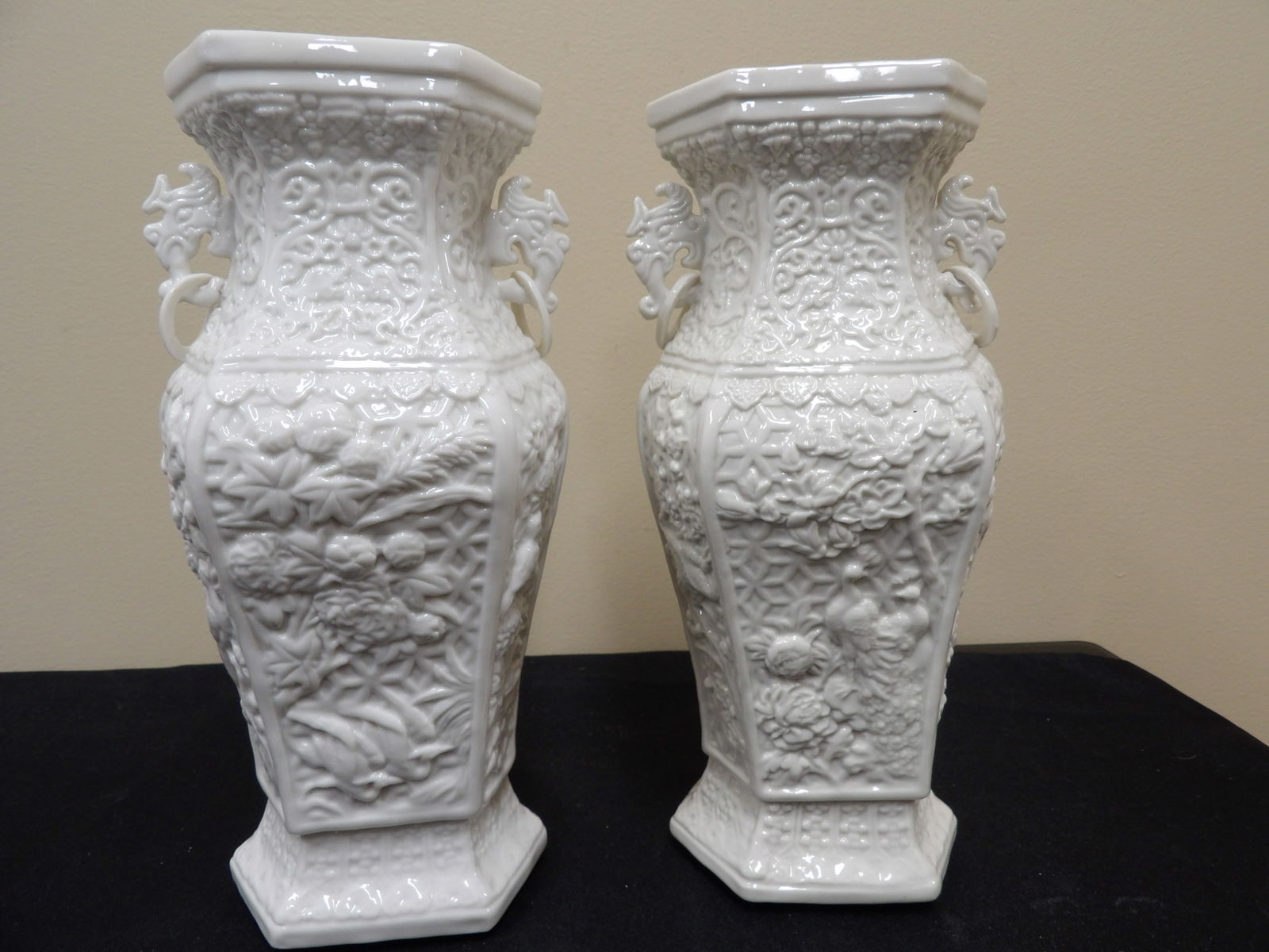 rare pair Qing dynasty Chinese ornate porcelain vases with dragon handles and relief carvings (1 of 6)