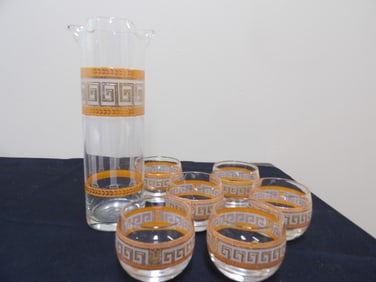 lot of 7 Greek Key design Culver glass pitcher and glasses
