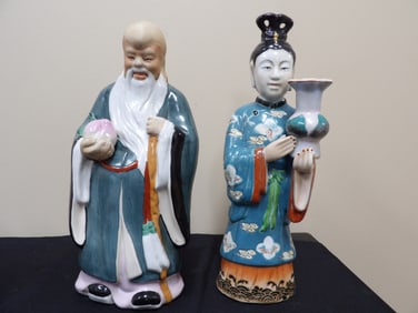 lot of 2 Chinese Longevity God statue and court lady candle holder