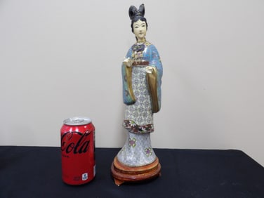 antique Chinese cloisonne female figurine with carved face and hands