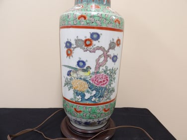 antique Chinese fine hand painted porcelain vase converted lamp