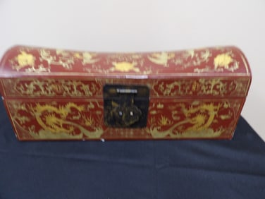 antique Chinese red lacquered box with gold dragon phoenix and floral motif