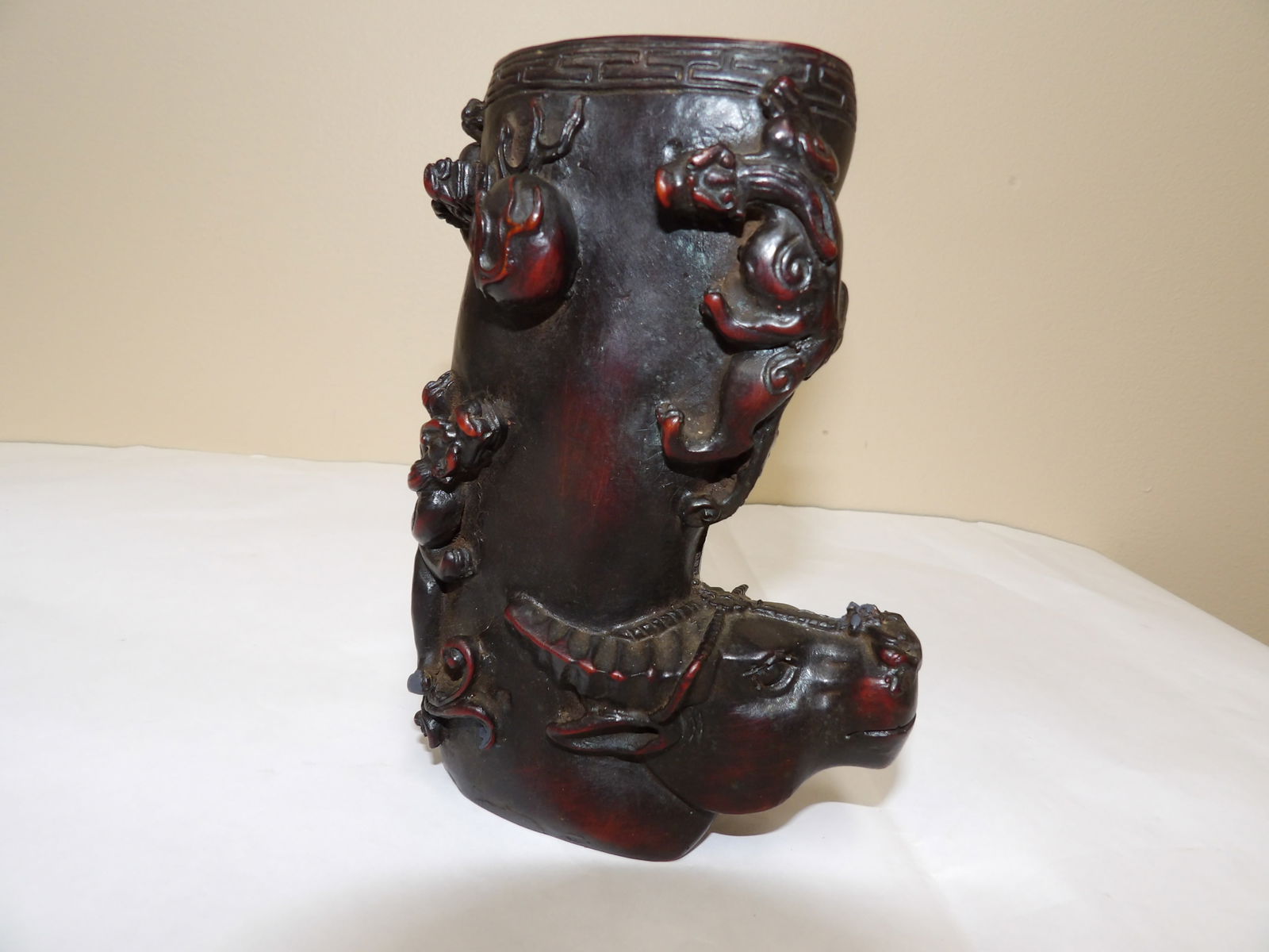 unique Chinese brush pot with Chilong motif and cow head: Approx. 6 inches height.
