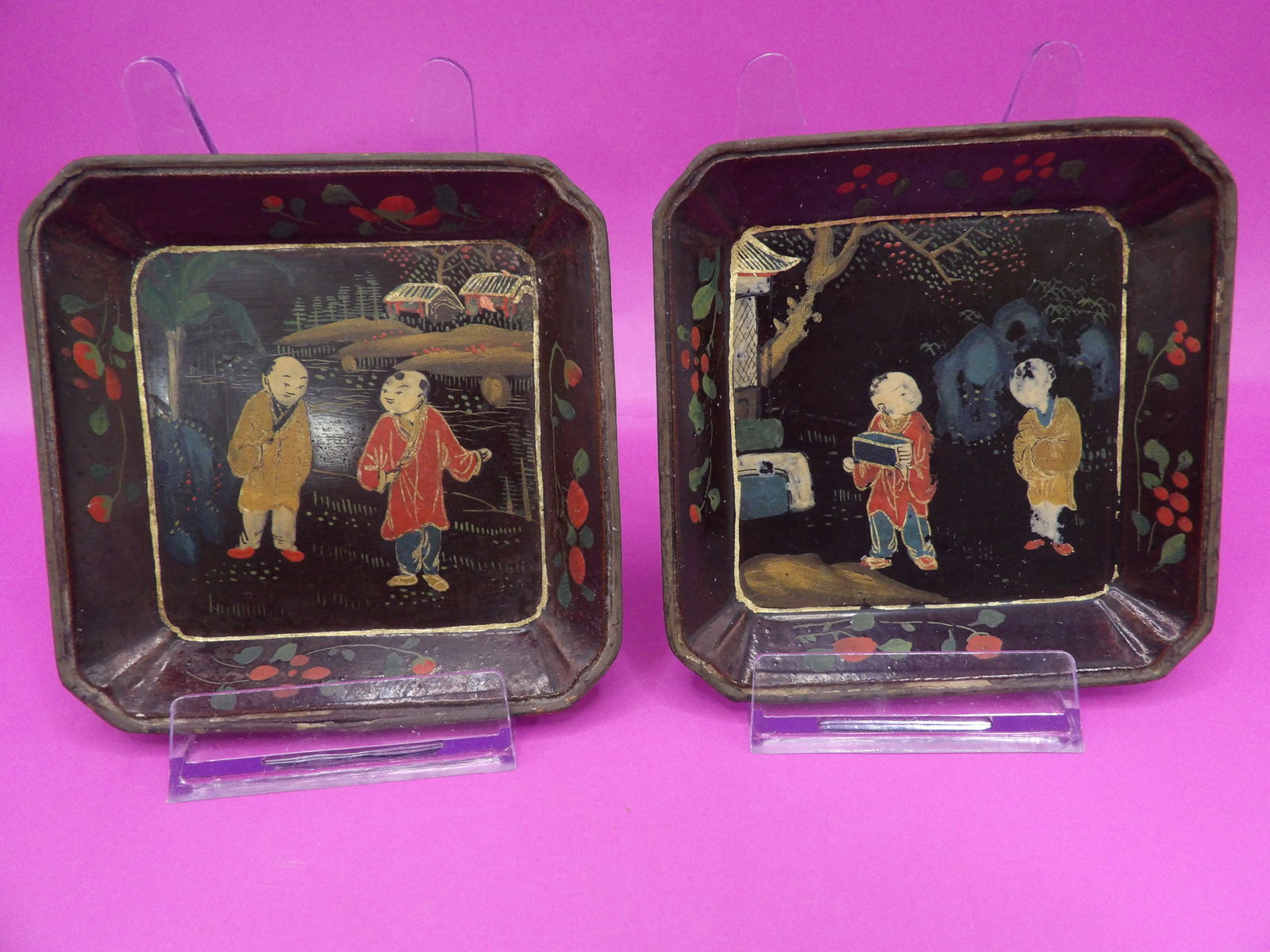 antique Chinese or Japanese black lacquer trays with polychrome painted children scenes (1 of 5)