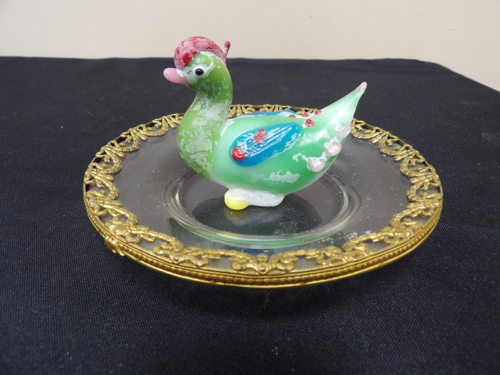 lot of 2 color glazed glass mandarin duck and art nouveau glass plate with gilded metal overlay (1 of 7)