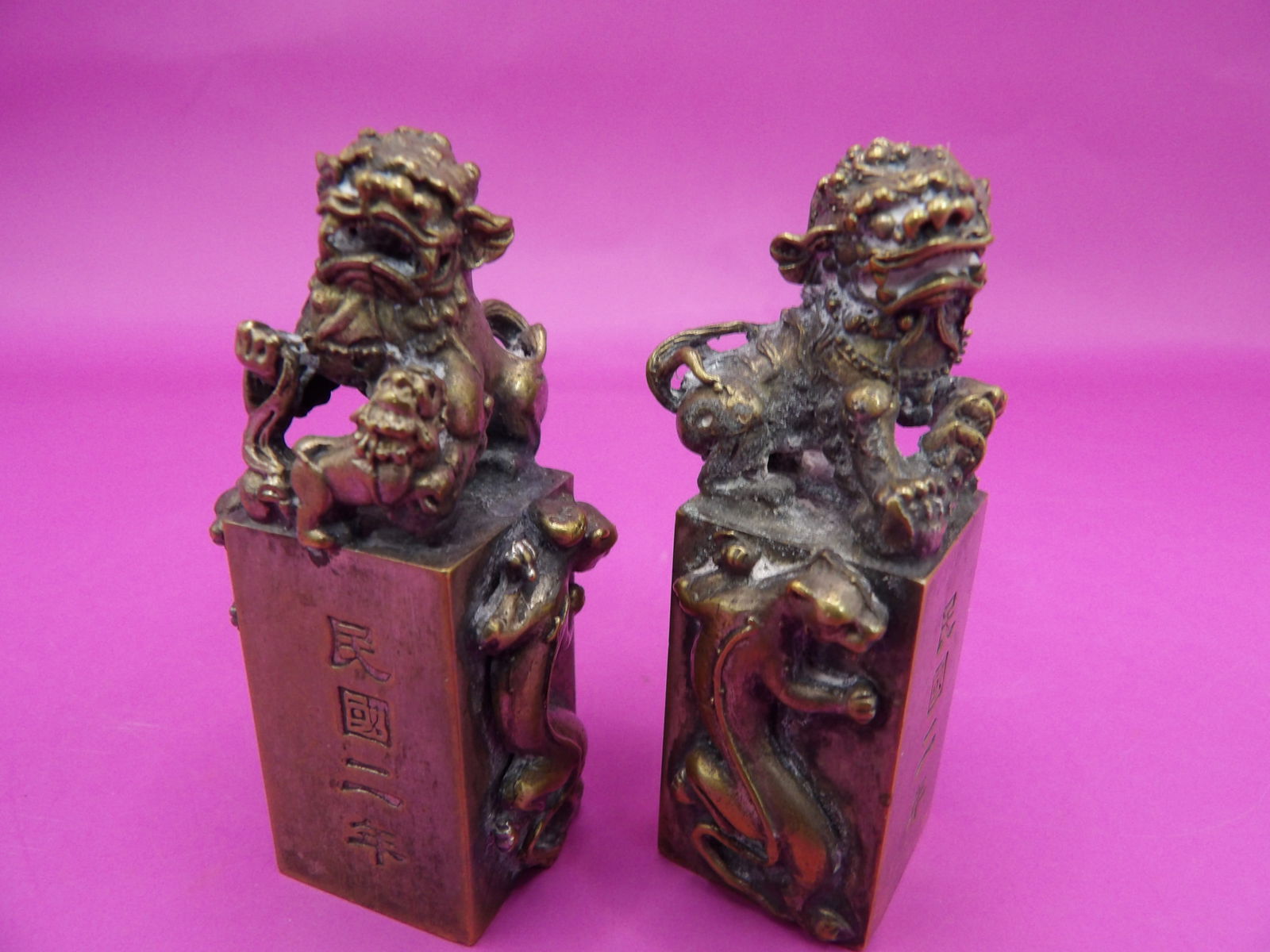 lot of 2 Chinese foo dog seal stamps marked Republic Era: 2.4 inches height.