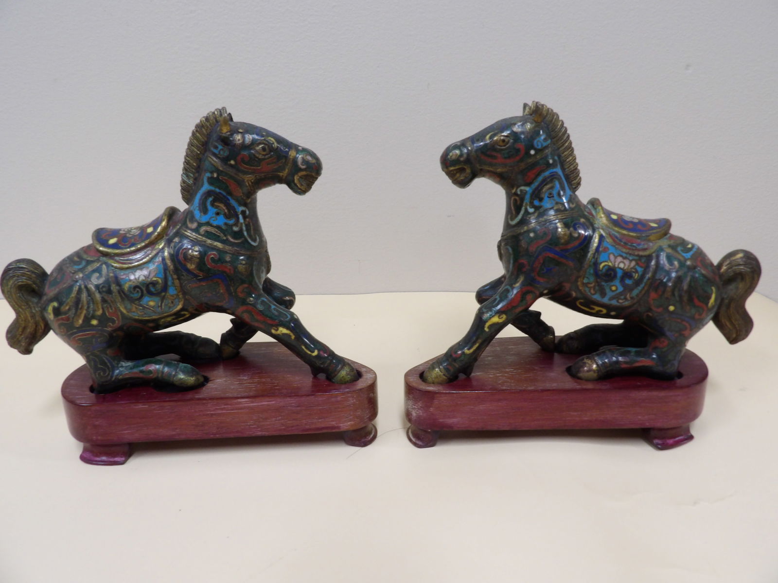 lot of 2 antique Chinese cloisonne horse statues on wooden bases (1 of 7)