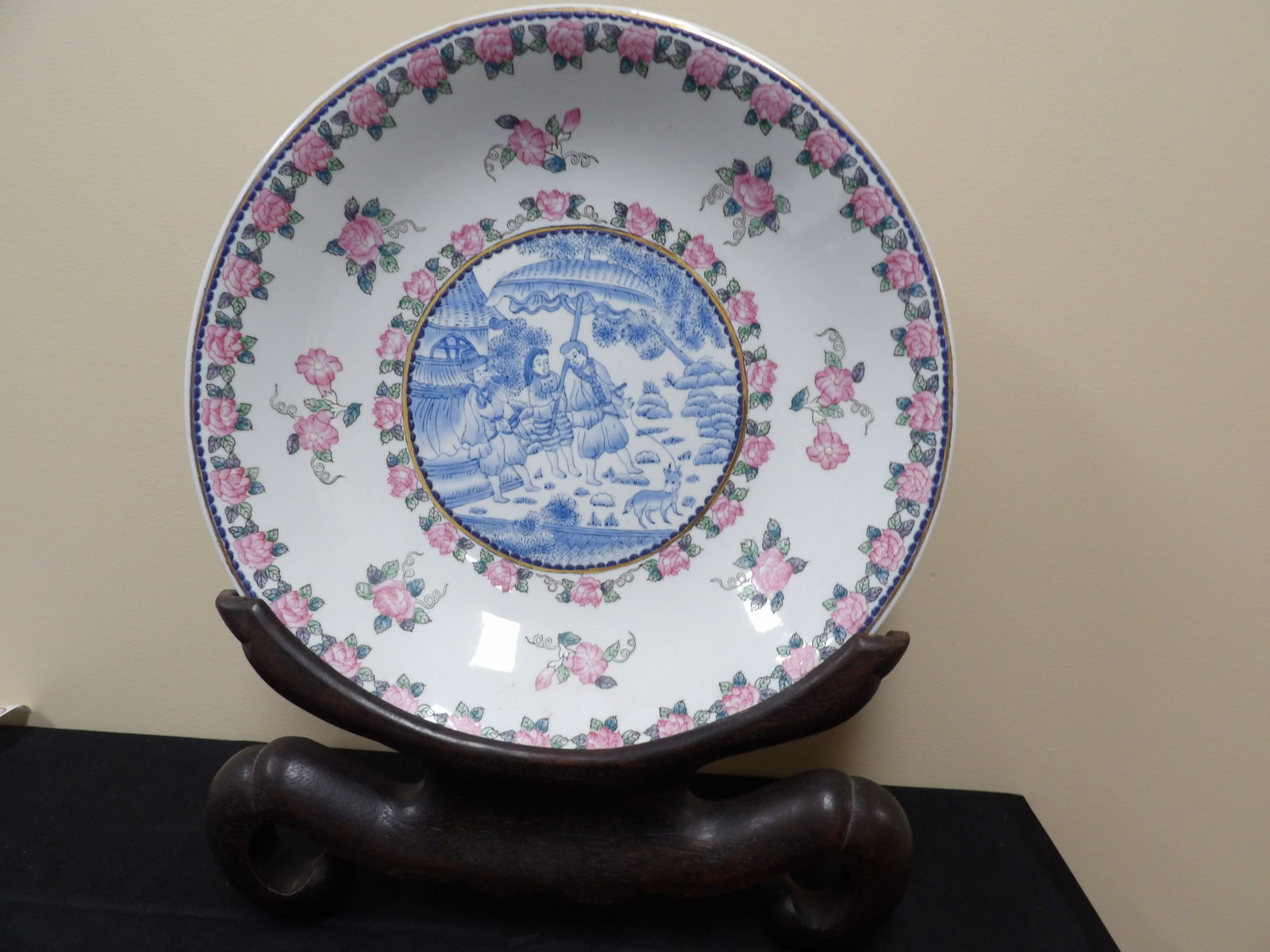 estate large porcelain charger with European subjects and custom wooden base: Porcelain charger is approx 16 inches diameter. With wooden base it's over 20 inches height.