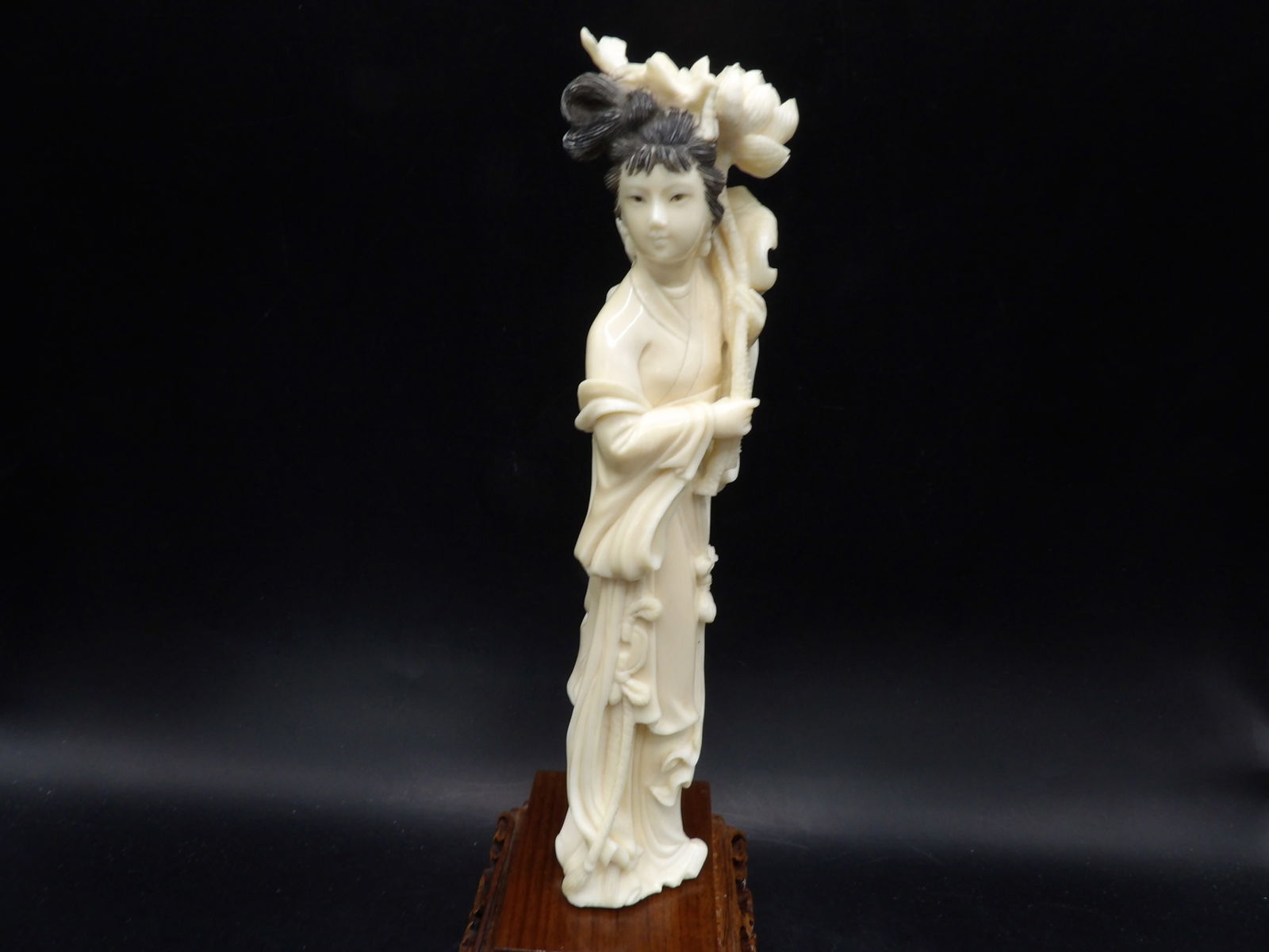 very fine Asian carved female figurine holding lotus on custom wood base - No Export (1 of 10)