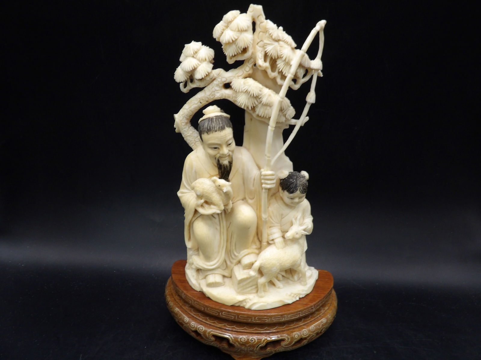 rare fine antique Asian group carving of man boy and 2 goats on custom wood base - No Export (1 of 7)
