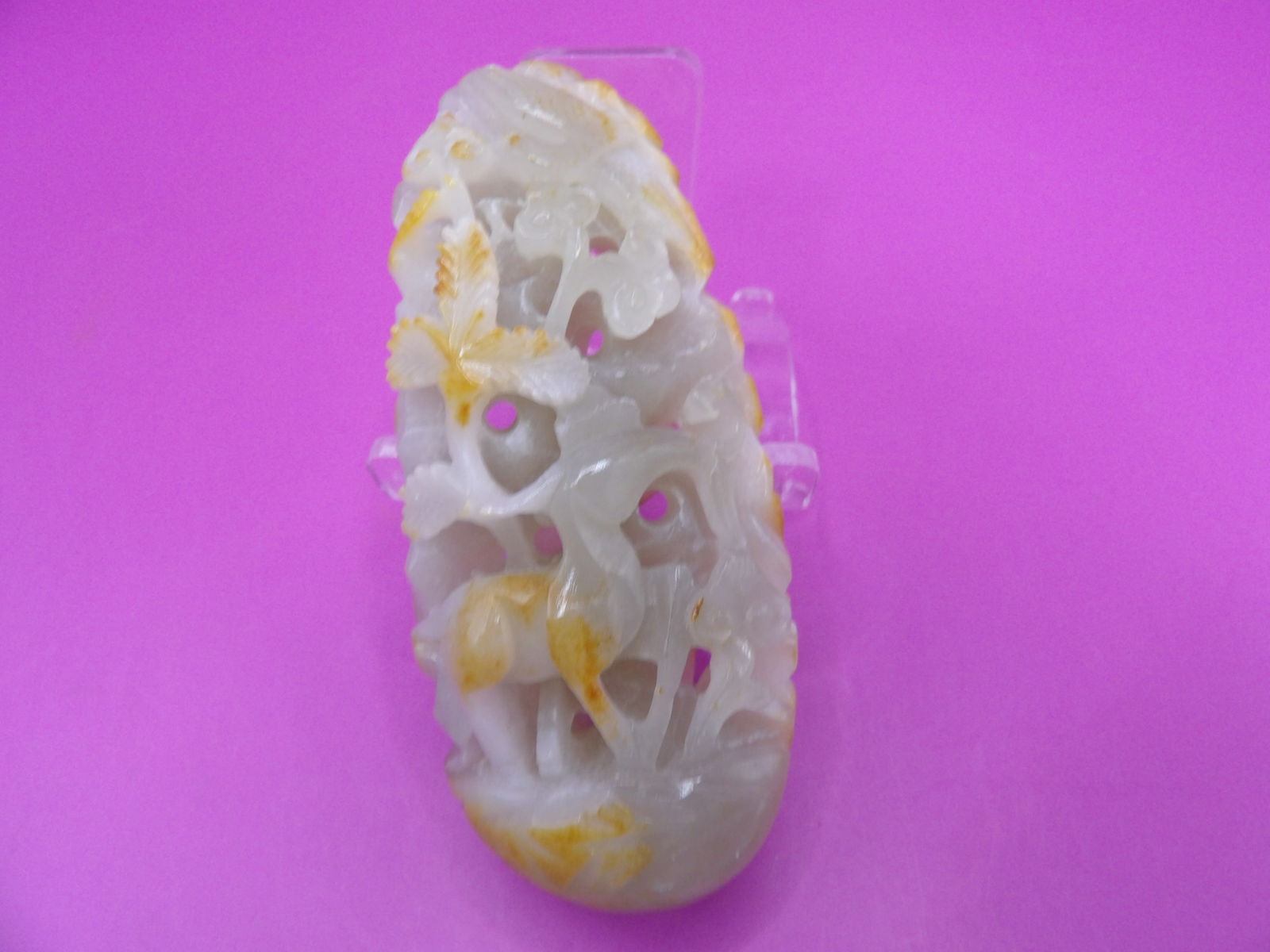 Chinese jade boulder double sided carved deer in forest: 3.2 inches height. 78 grams.