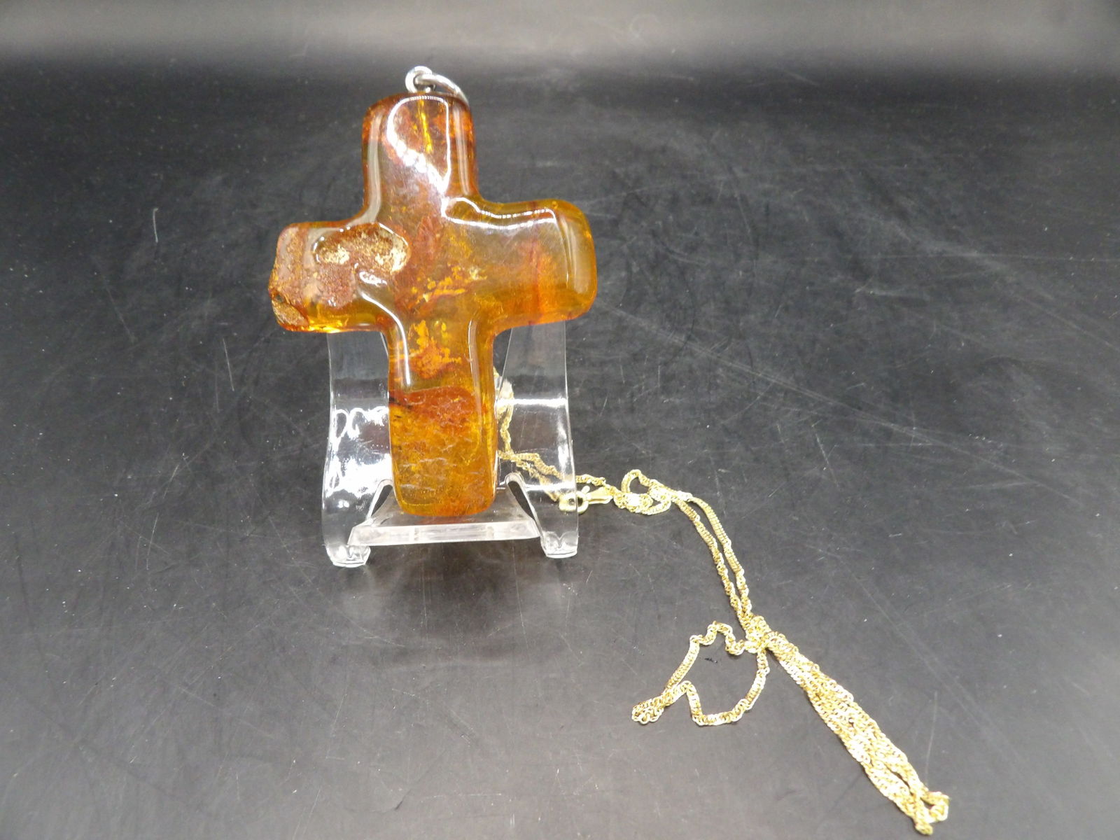 natural amber carved cross pendant and 18k gold 24 inches long necklace (1 of 7)
