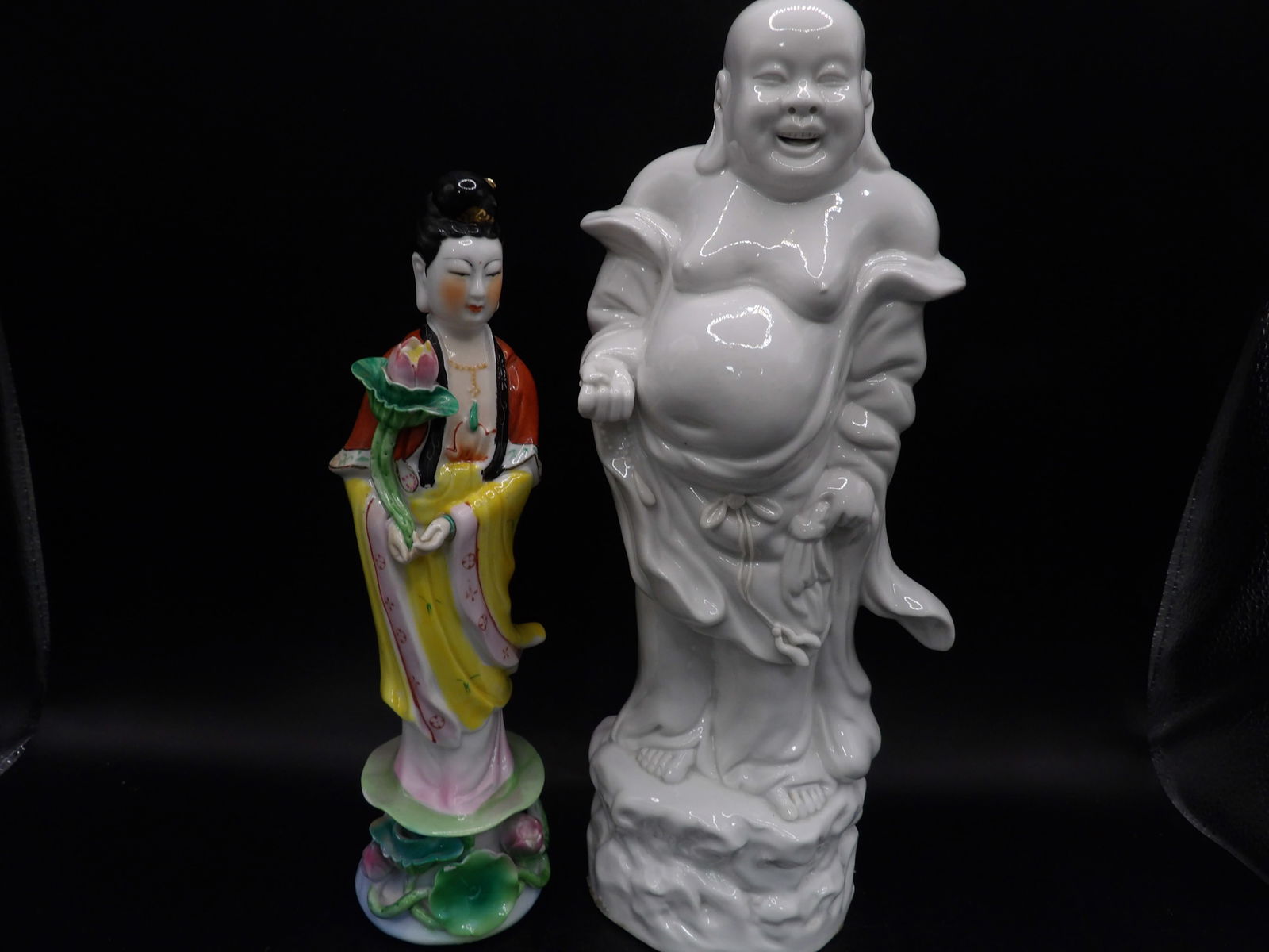 lot of 2 Chinese porcelain Kwan Yin and laughing buddha figurines (1 of 8)