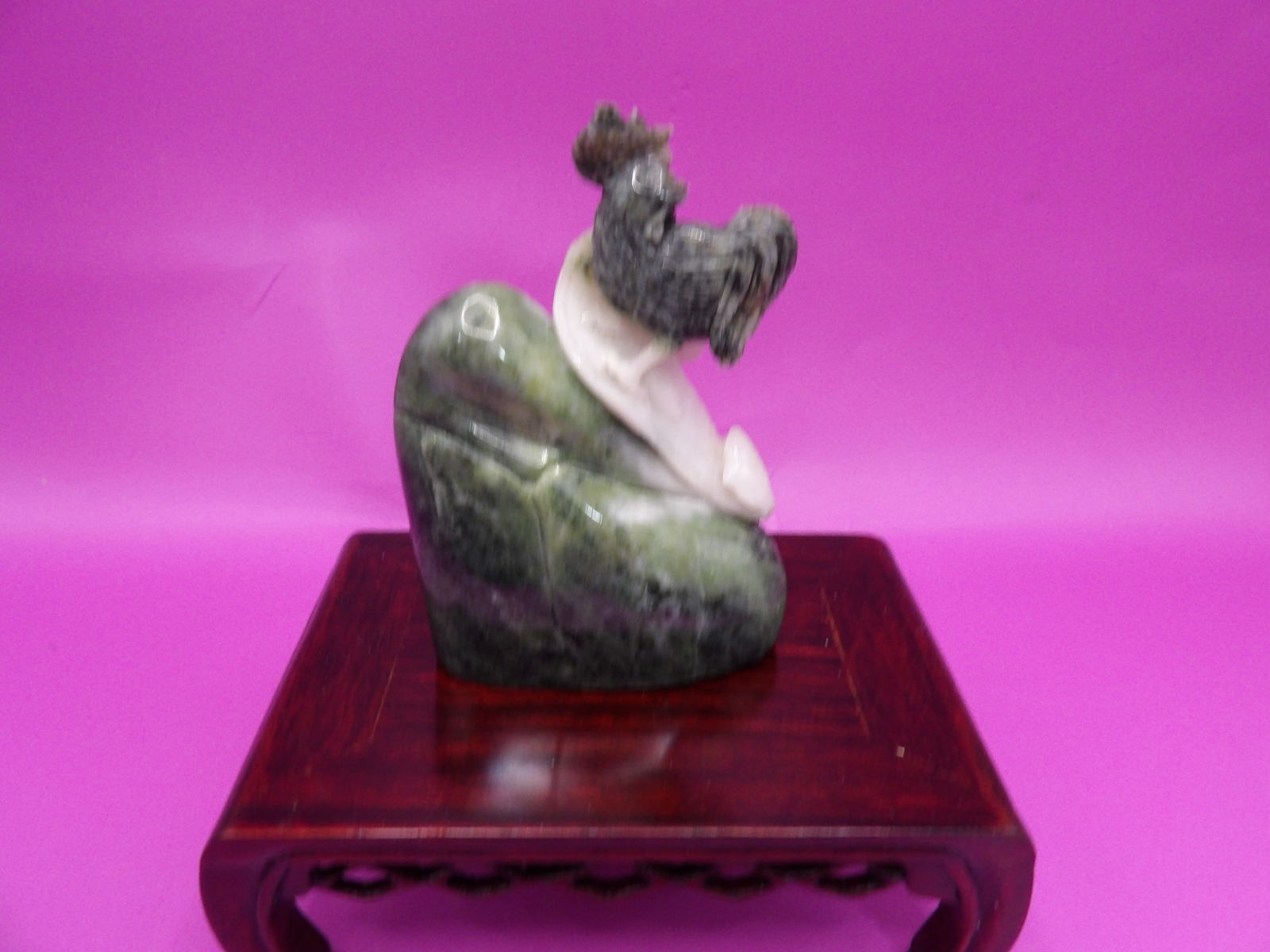 Chinese jade boulder carving of a rooster on the hill: 3.5 inches height not including wooden base. 229 grams.