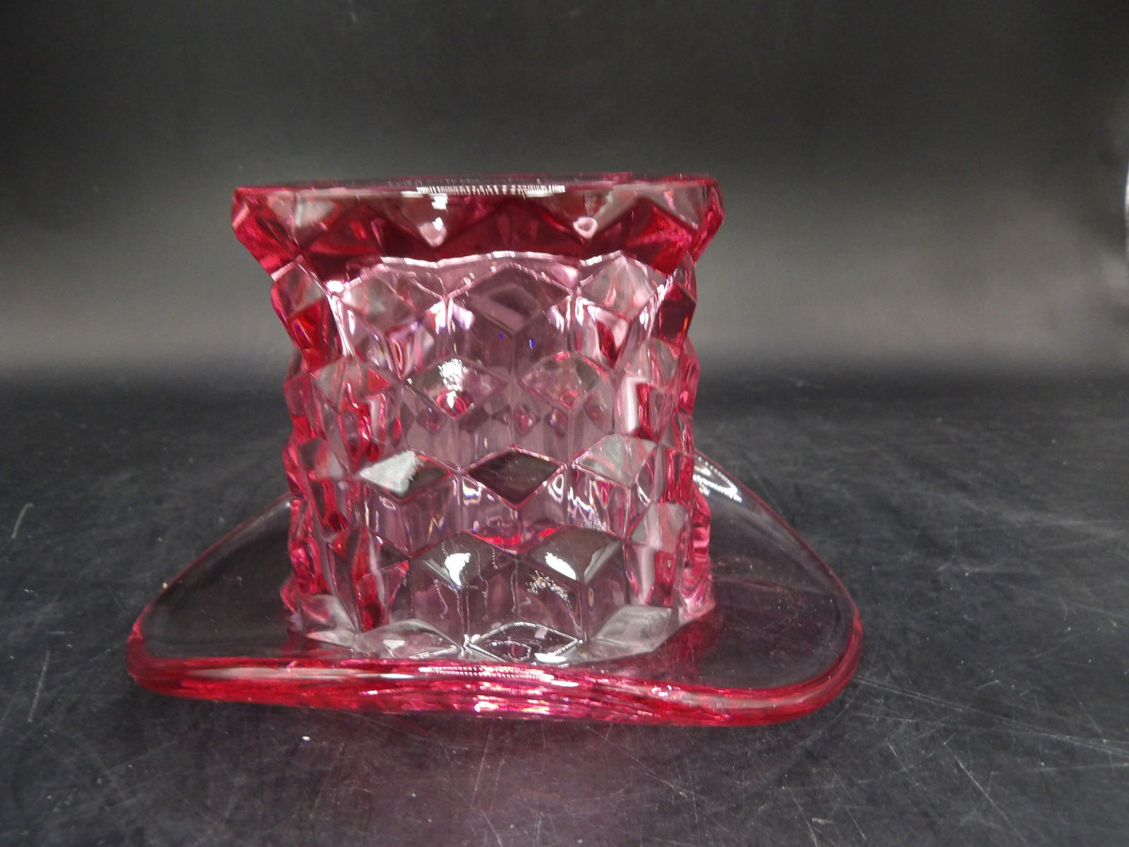 rare pink Fostoria American top hat topper vase: 3 inches height.