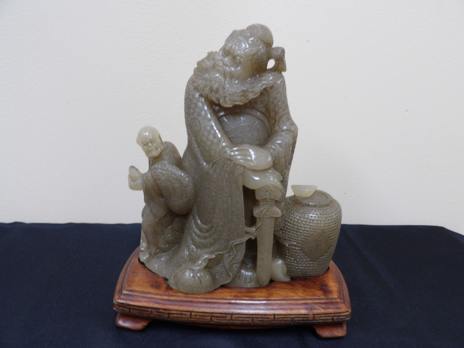 Chinese shoushan stone sculpture of Guan Gong and a buddha 7 lbs fine carving: Over 10 inches height with wooden base. 7 lbs not including base.