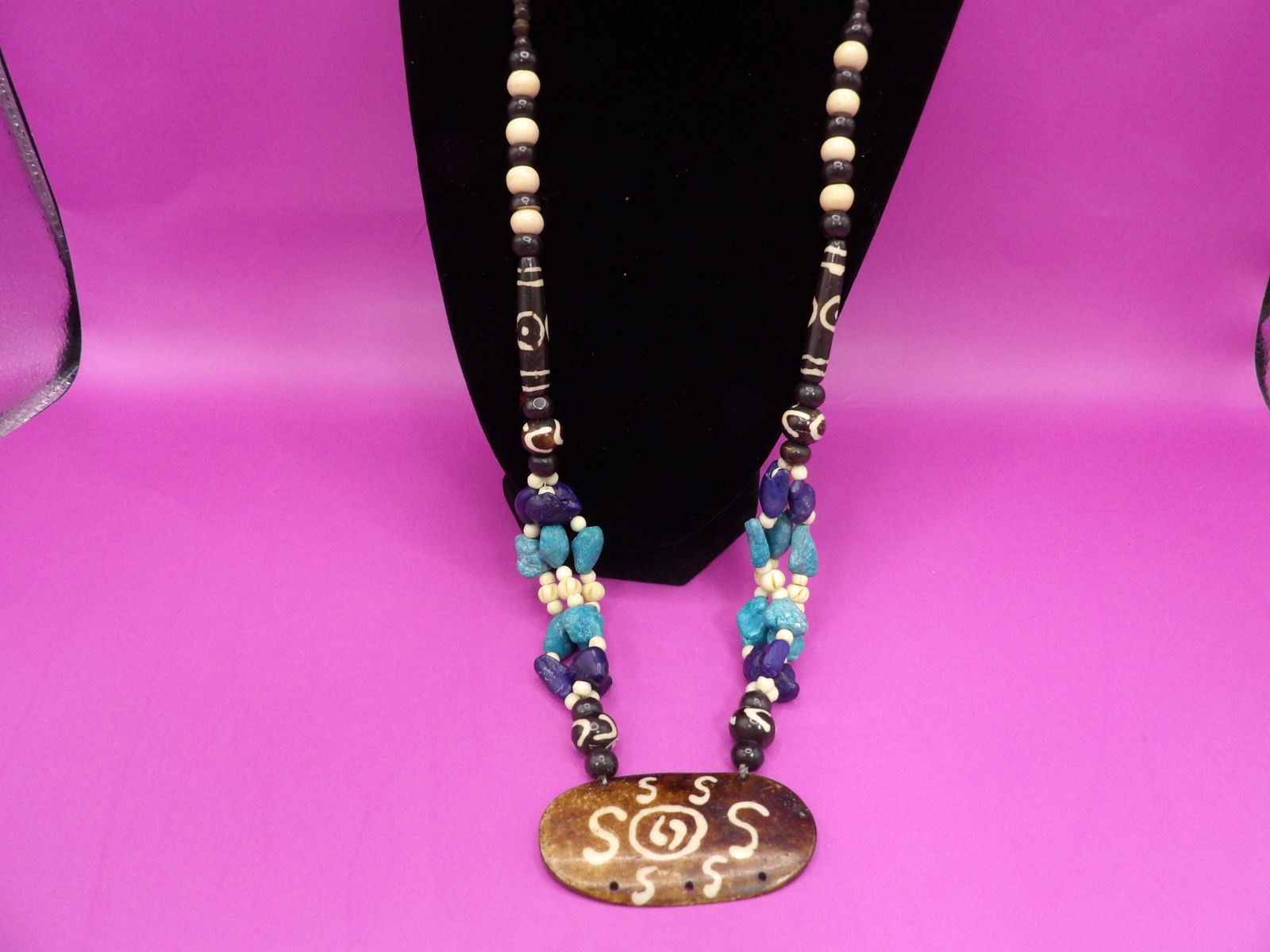 Chinese beaded necklace with 6 Tibetan DZI beads - No Export: 24 inches length. Unsure what type of natural material the pendant is made of so this item is no export.