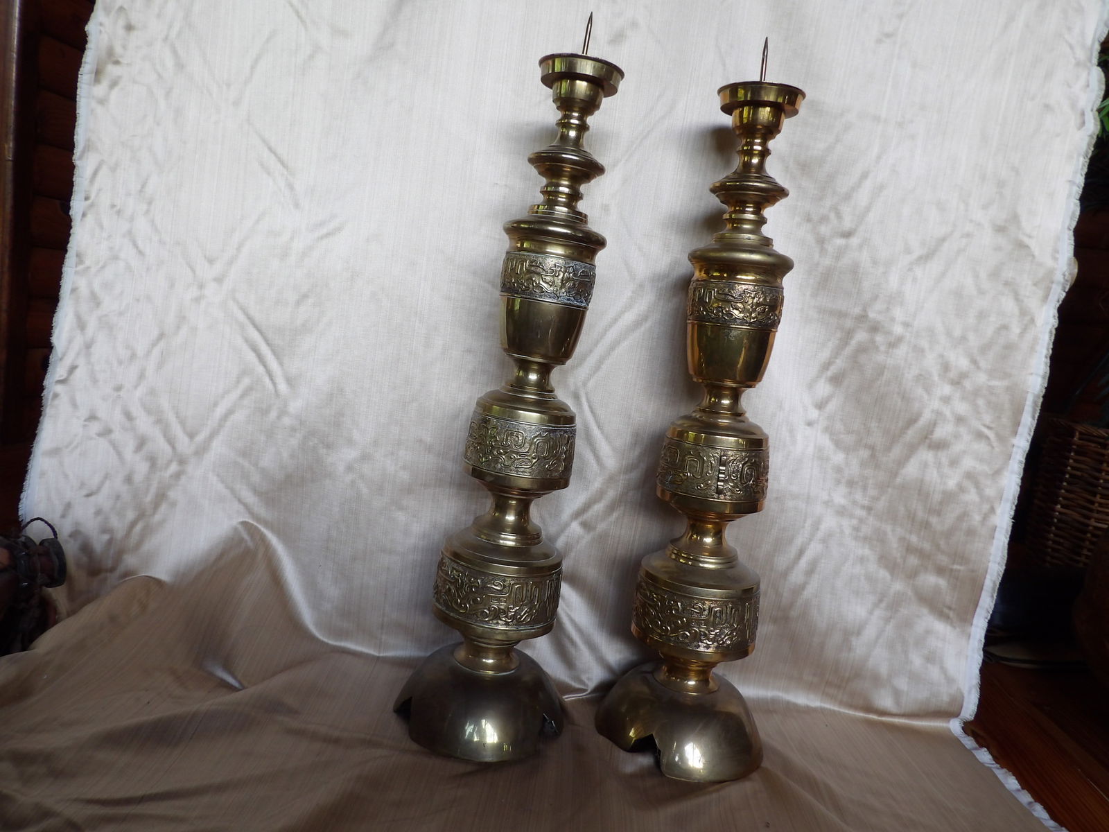rare lot of 2 very tall James Mont Asian Inspired brass floor candle holders (1 of 8)