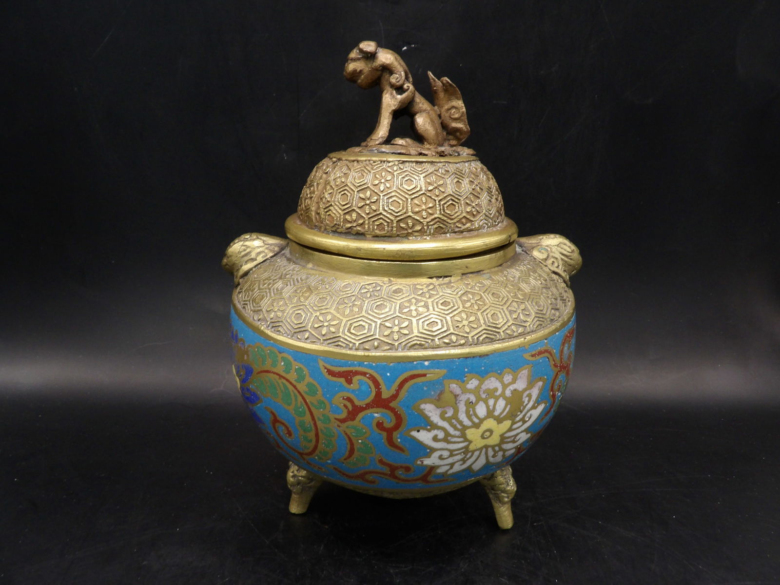 Chinese antique cloisonne brass incense burner with foo dog lid (1 of 6)