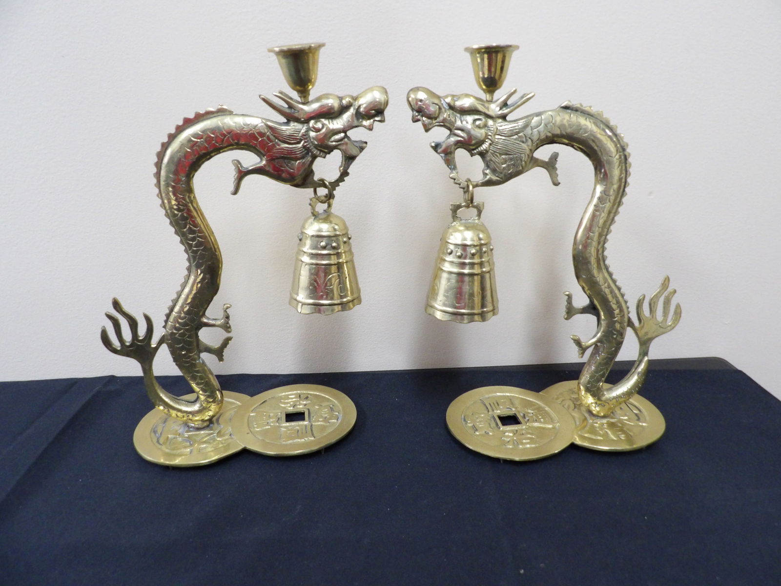 Pair of Chinese brass dragon head with Qing dynasty coin bell candle holders (1 of 8)