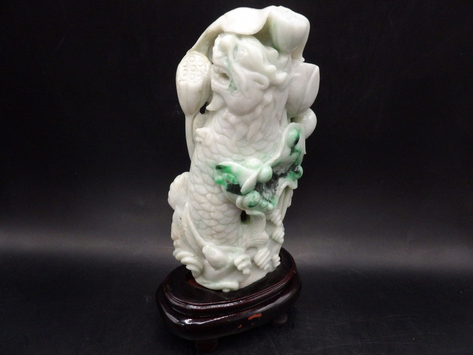 Chinese jadeite jade carving of double dragon fish with lotus pond scene (1 of 5)