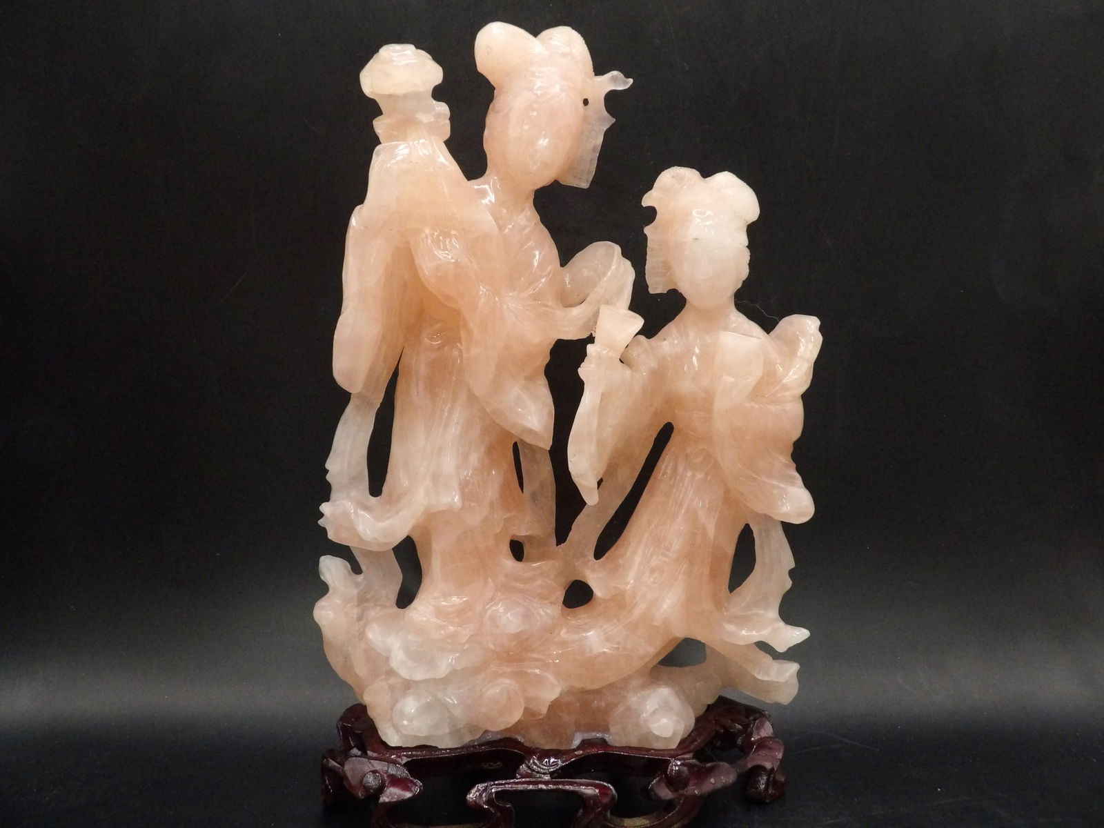 Large Chinese rose quartz fine carving of 2 female figures on wooden base (1 of 7)