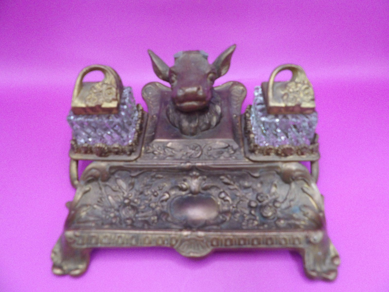 Antique ornate gold gilt bronze Stag double inkwell probably Black Forest: 7.2 inches length.