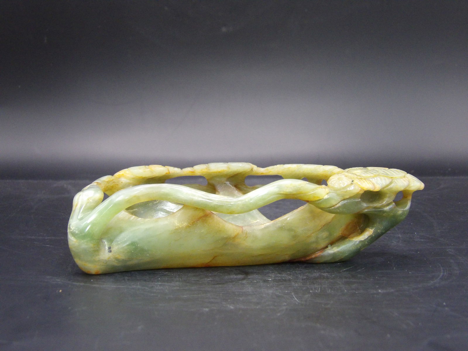 Chinese nephrite jade brush washer: 5.25 x 3 x 1.25 inches. 219 grams.
