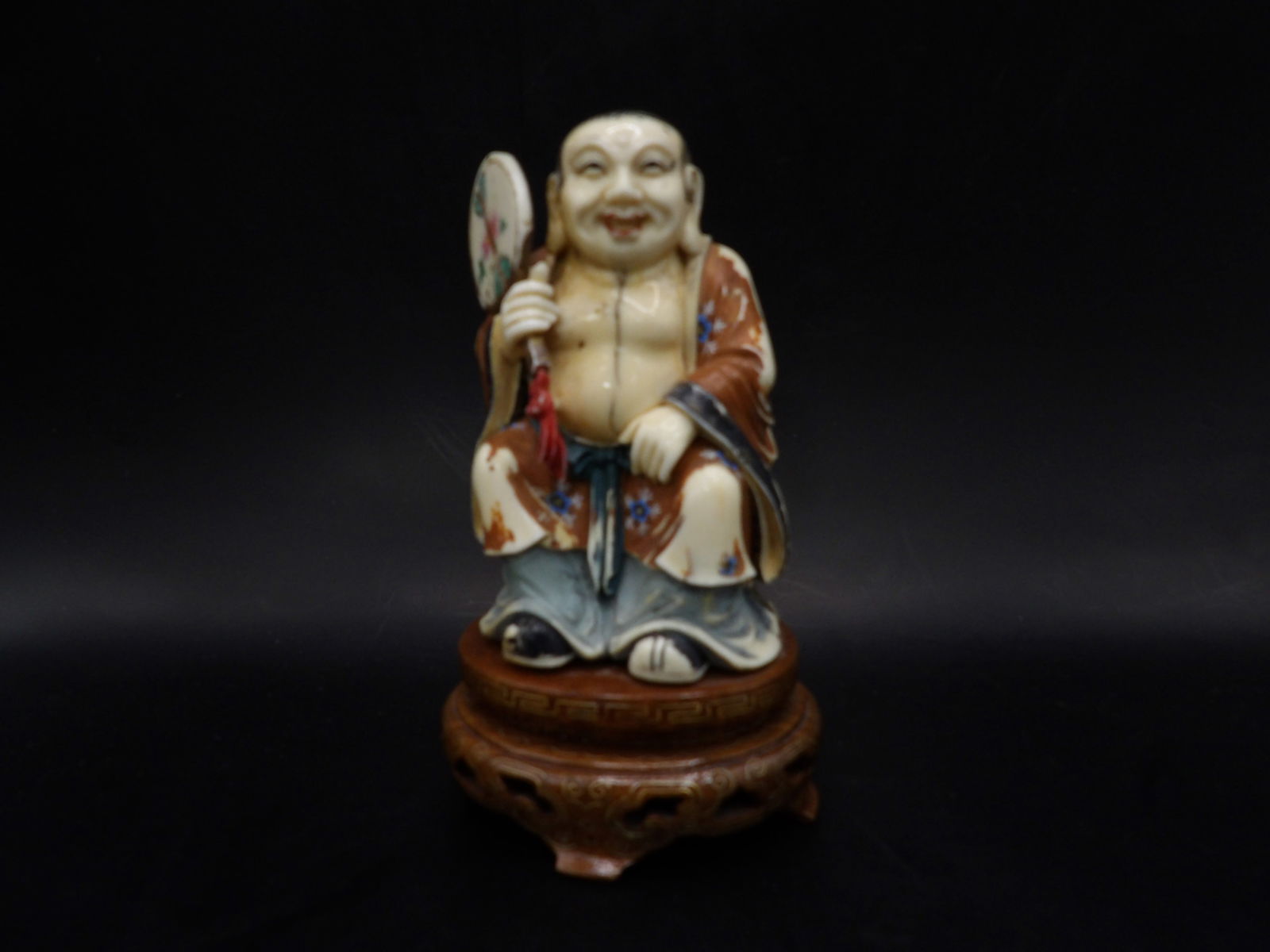 Japanese polychrome hand painted fine carved figurine with wooden base - No Export (1 of 6)