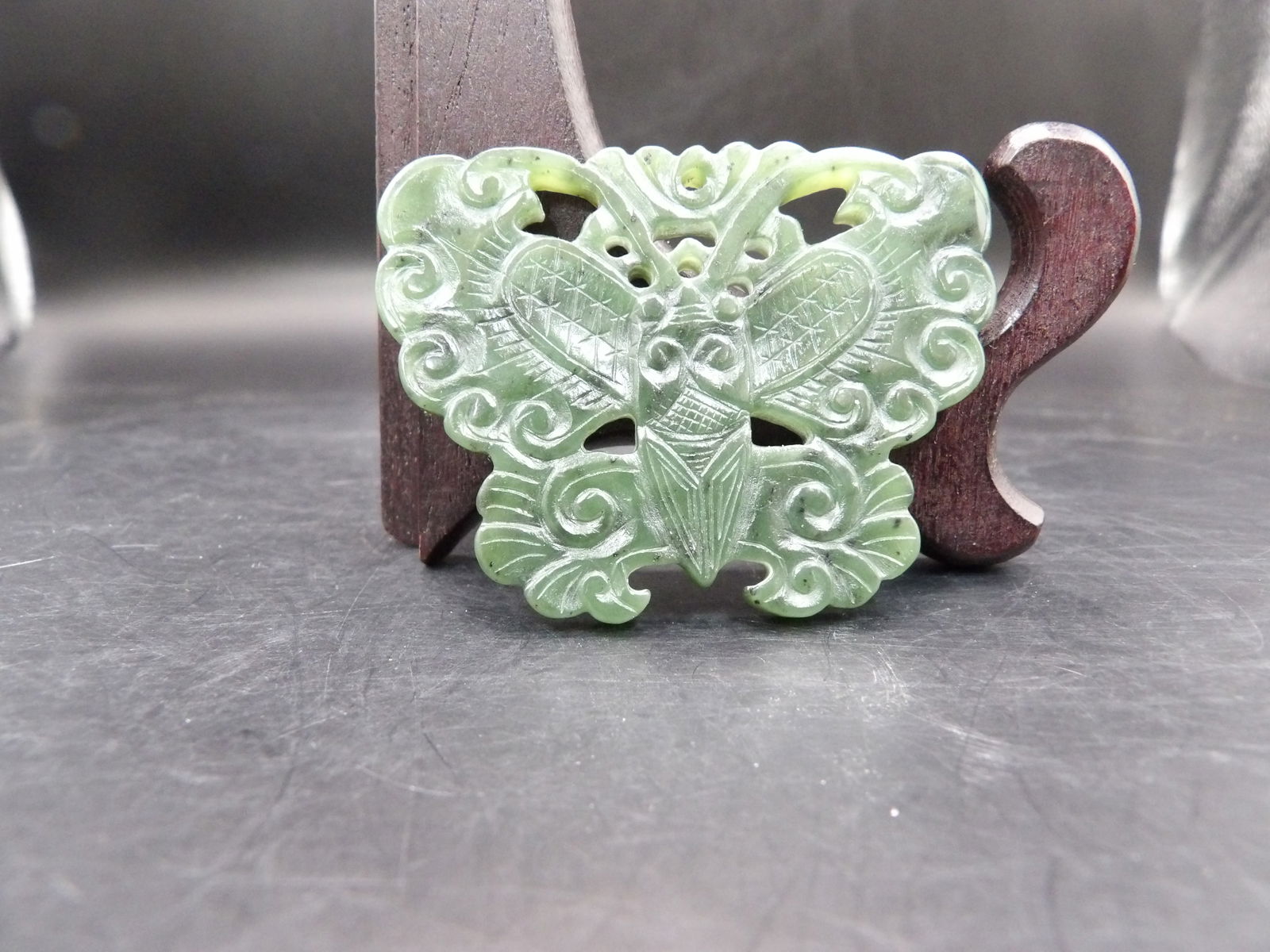 Antique Qing dynasty Chinese Nephrite Green Jade Butterfly Pendant: Finely carved pendant. 2.1 inches length. 23 grams. Stand not included.