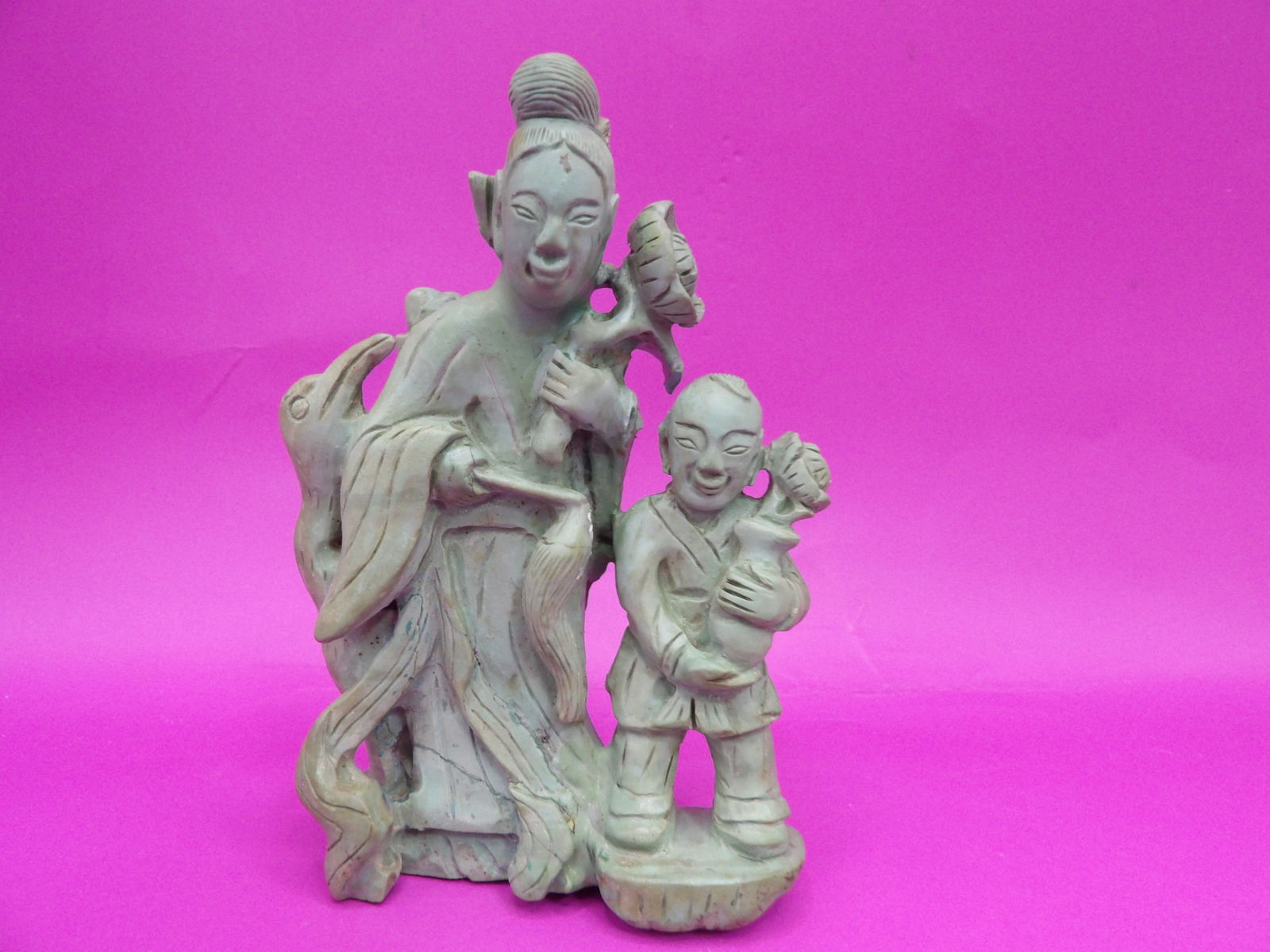antique Chinese turquoise woman and boy carving statue (1 of 4)